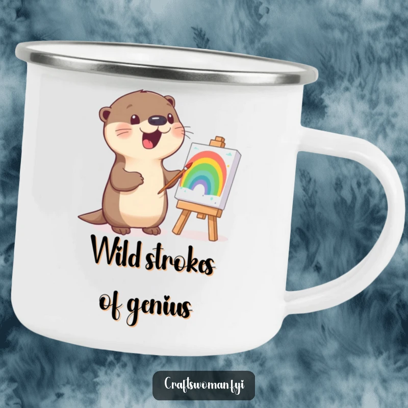 Funny otter camping mug illustration of a happy otter joyfully painting a colorful rainbow on a canvas.