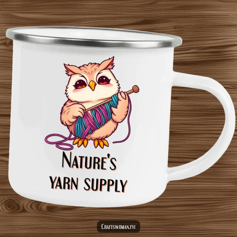 Funny Owl Camping Mug showing a happy owl threading yarn, perfect for enjoying drinks outdoors with a touch of humor.