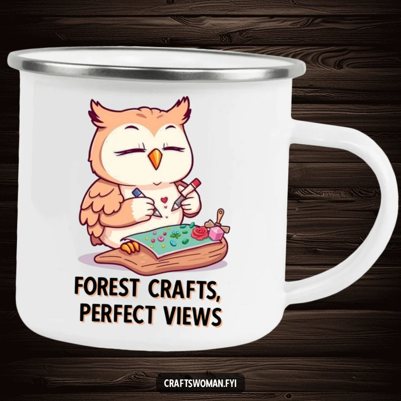 Funny owl camping mug featuring a content owl meticulously gluing decorative elements onto a craft project, perfect for campers.