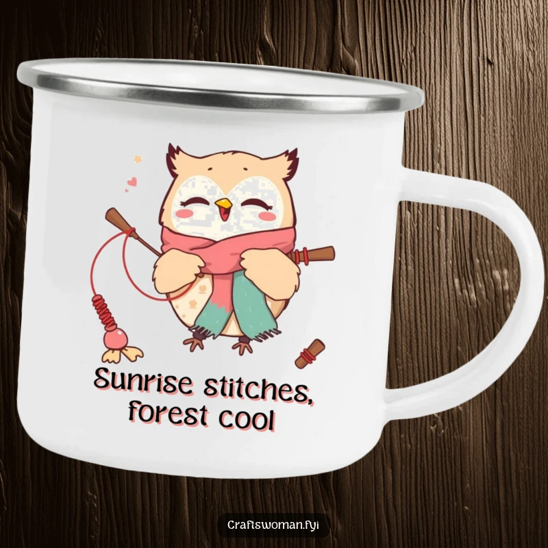 Funny camping mug featuring a cute owl character weaving a scarf with oversized needles, ideal for outdoor crafting enthusiasts.
