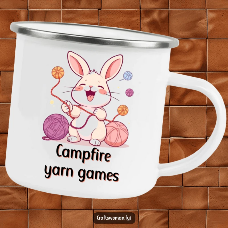 Funny camping mug with a laughing rabbit juggling colorful yarn balls outdoors, evoking a sense of adventure and crafty humor for your travels.