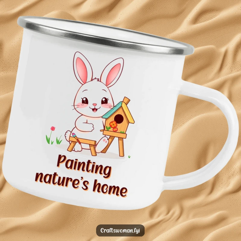 Funny happy rabbit painting a birdhouse with vibrant colors on a sturdy camping mug, perfect for outdoor art lovers.
