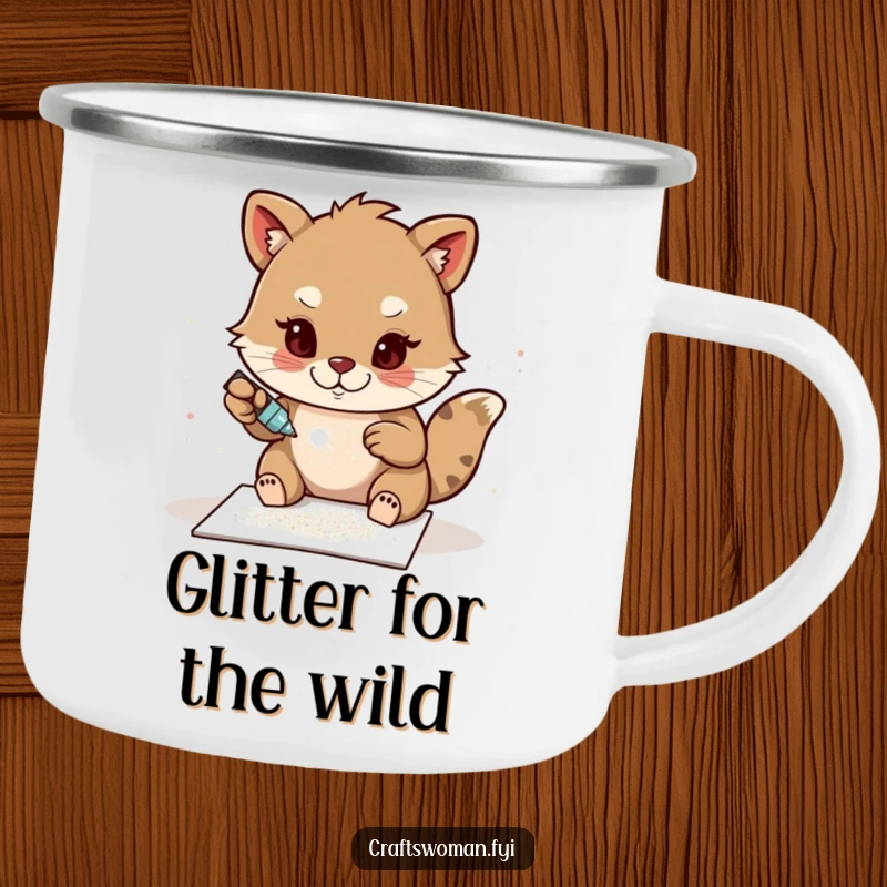 Funny Glitter Campfire Mug: A determined animal character glues sparkling glitter onto a handmade card, perfect for enjoying beverages outdoors.