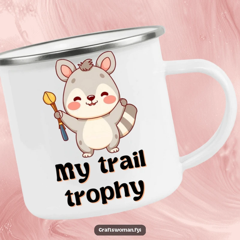 Funny camping mug featuring a cheerful animal character holding a colorful craft, ready for outdoor crafting adventures.