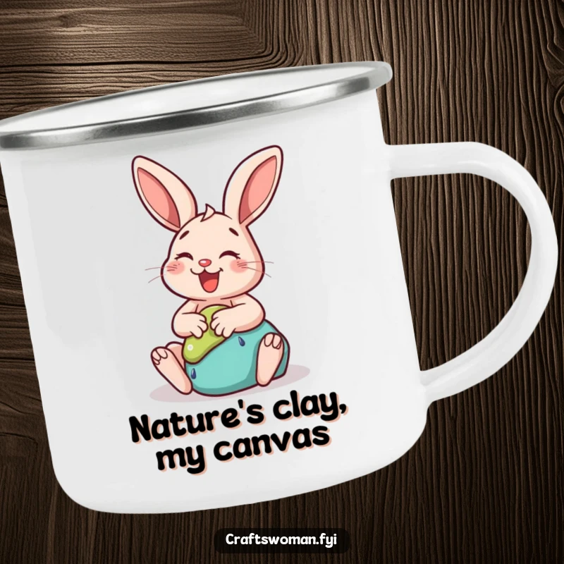 Funny rabbit camping mug featuring a happy bunny gleefully sculpting clay into a whimsical shape, perfect for outdoor enthusiasts.