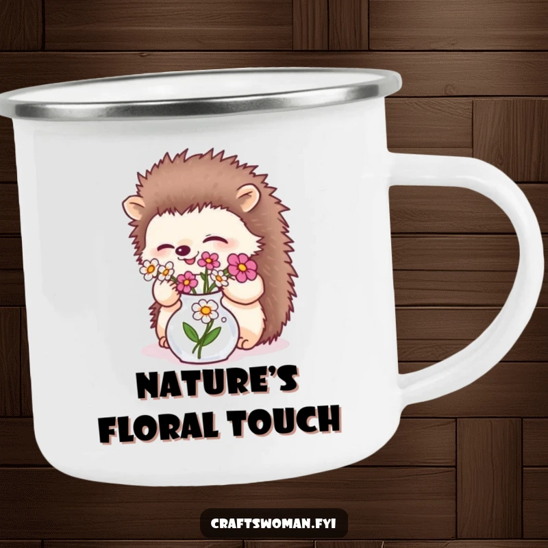 Funny giggling hedgehog arranging flowers in a tiny vase on a sturdy camping mug, perfect for outdoor nature lovers.