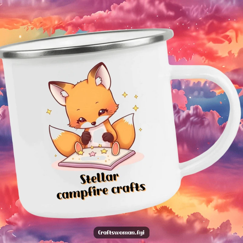 Funny fox camping mug illustration of a playful fox carefully gluing glitter stars onto a project with concentration.