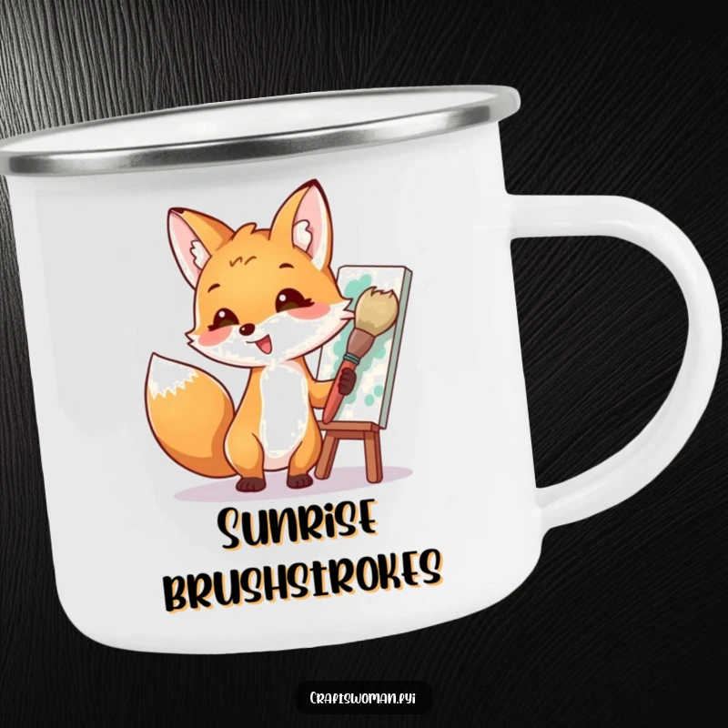 Funny camping mug with a fox artist painting a masterpiece outdoors, evoking a sense of adventure and creative humor for your travels.
