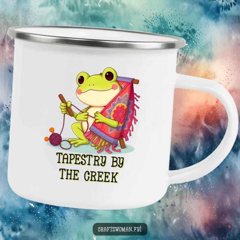 Funny Camping Mug: Cheerful frog character stitching a tapestry, perfect for outdoor enthusiasts and crafters.