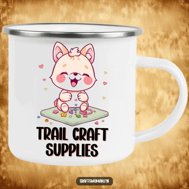 Funny Campfire Mug: An animal character gleefully arranges small colorful embellishments on a craft project, designed for outdoor creative sessions.