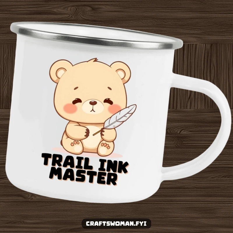 Funny bear camping mug with a contented character writing with a feather quill, perfect for quiet drinks in nature.