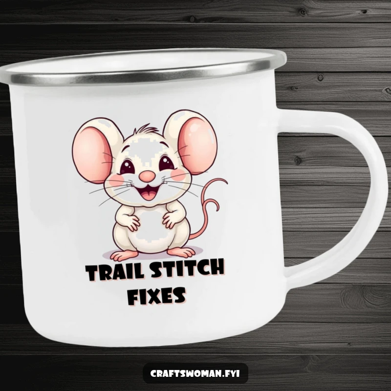 Funny Mouse Weaver Camping Mug: A Joyful Mouse Expertly Weaving Fabric with a Big Proud Smile, Rugged and Hilarious.