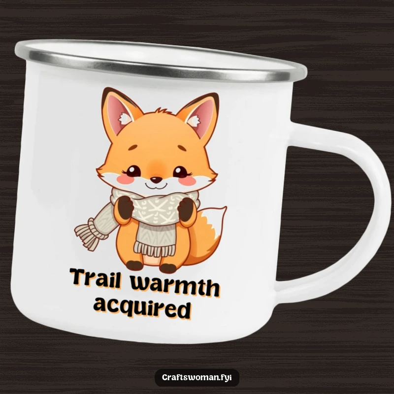 Funny camping mug showing a smiling fox proudly displaying a finished knitted scarf, ideal for outdoor crafters.