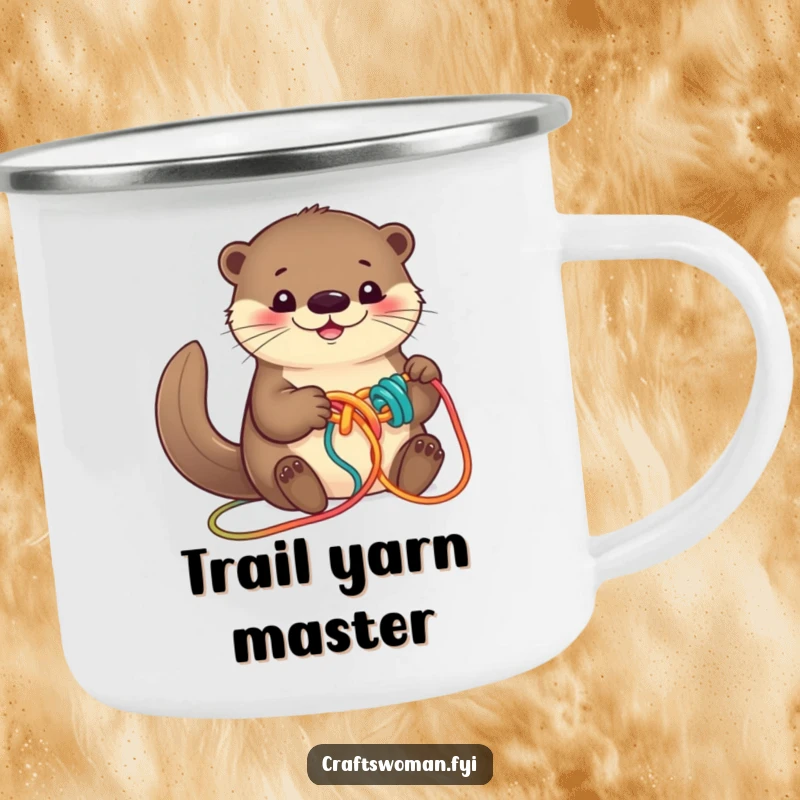 Funny otter camping mug with a smiling otter knotting colorful yarn into a playful design, durable and travel-ready.