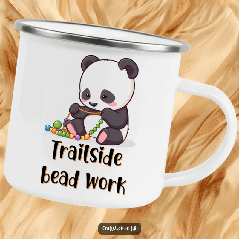 Funny Camping Mug: Focused panda character meticulously arranging beads on a string, suitable for outdoor use.