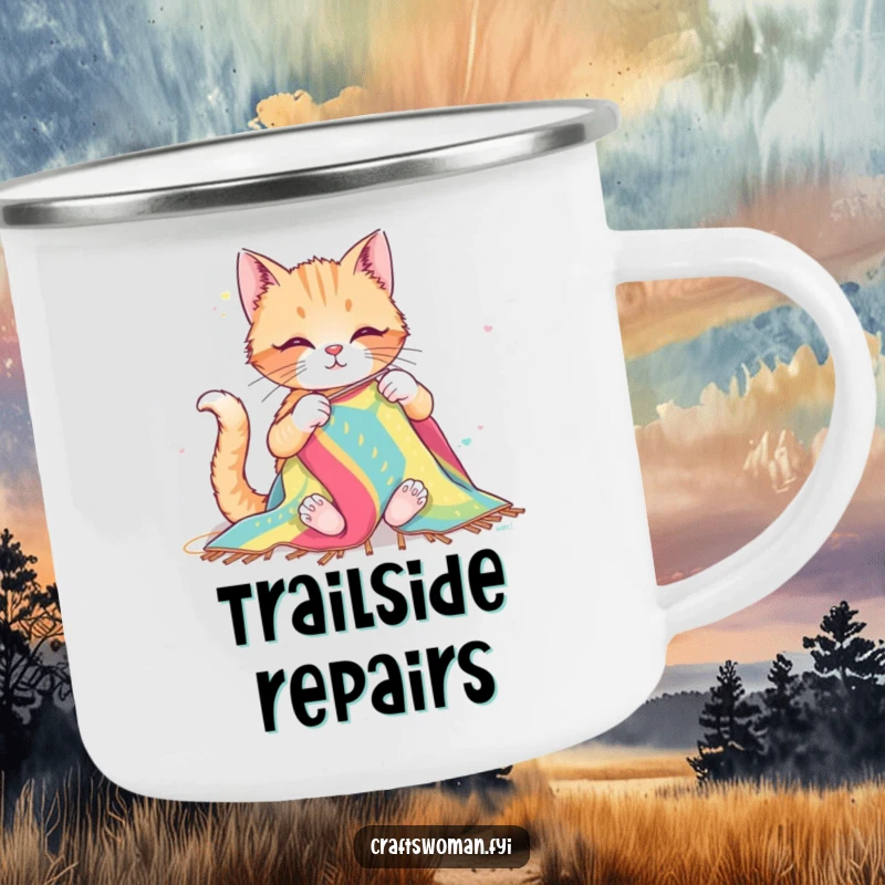 Funny camping mug with a happy cat sewing a textile outdoors, evoking a sense of adventure and crafty feline humor for your travels.