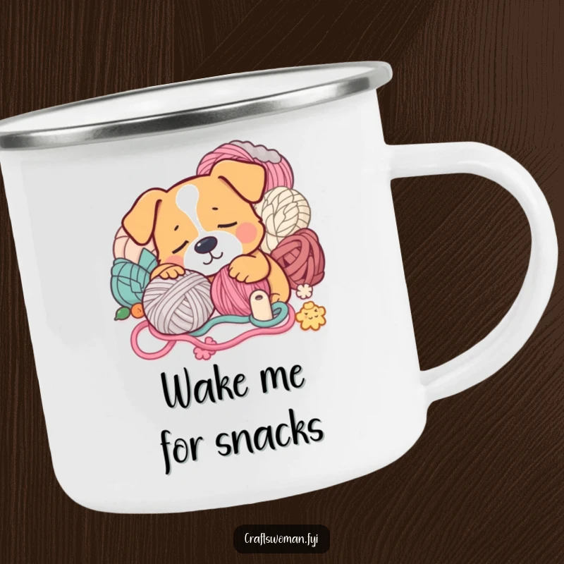 Funny Camping Mug: A sleepy dog with yarn, perfect for outdoor crafting enthusiasts.