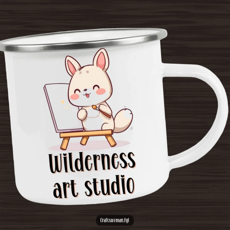 Funny camping mug with an animal painting enthusiastically with a tiny brush, ready for creative outdoor moments.