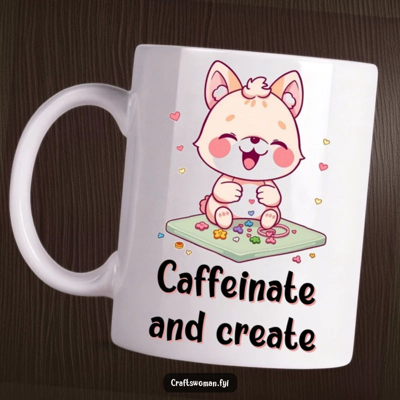 Funny Crafting Animal Mug: An animal character gleefully arranges small colorful embellishments on a detailed craft project, showcasing intense focus and happiness.