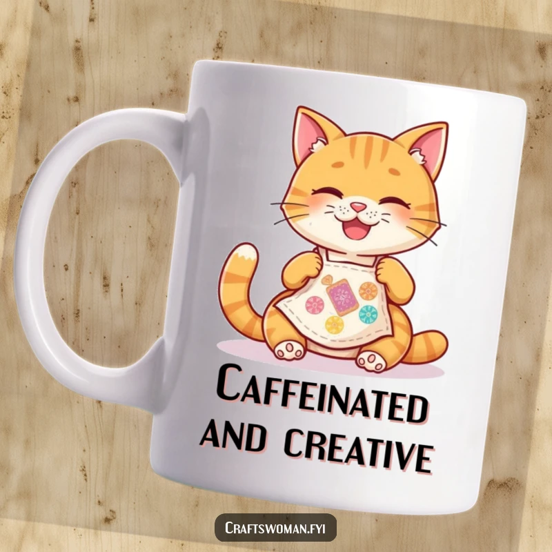 Funny Cat Apron Mug: A happy cat in a tiny apron joyfully stitches a colorful patch, a delightful crafter.
