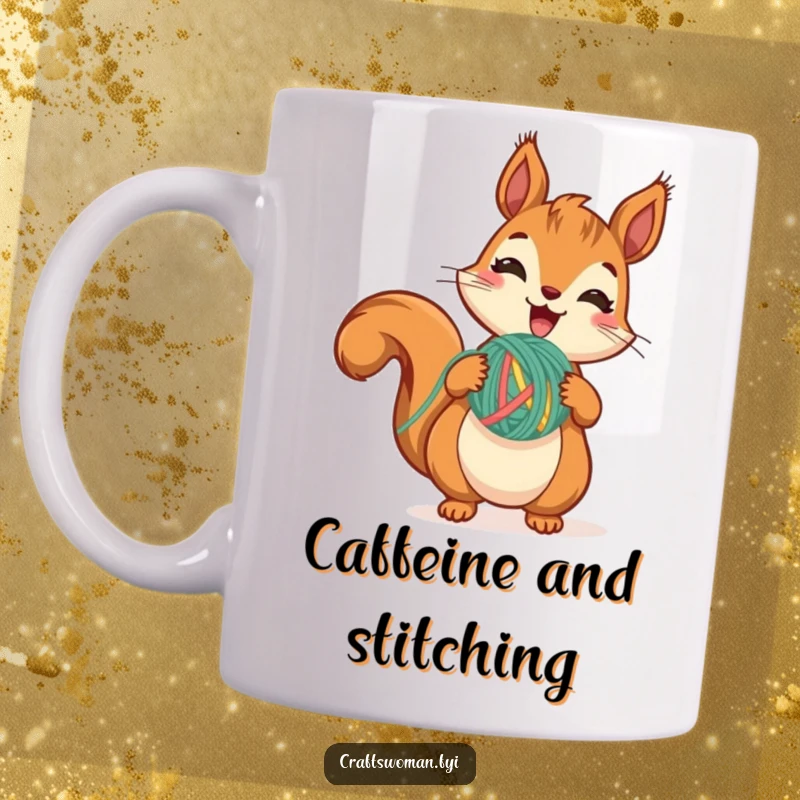 Funny Squirrel Yarn Mug showing a cute squirrel excitedly holding a colorful yarn ball, caught mid-stitch, radiating crafty enthusiasm.