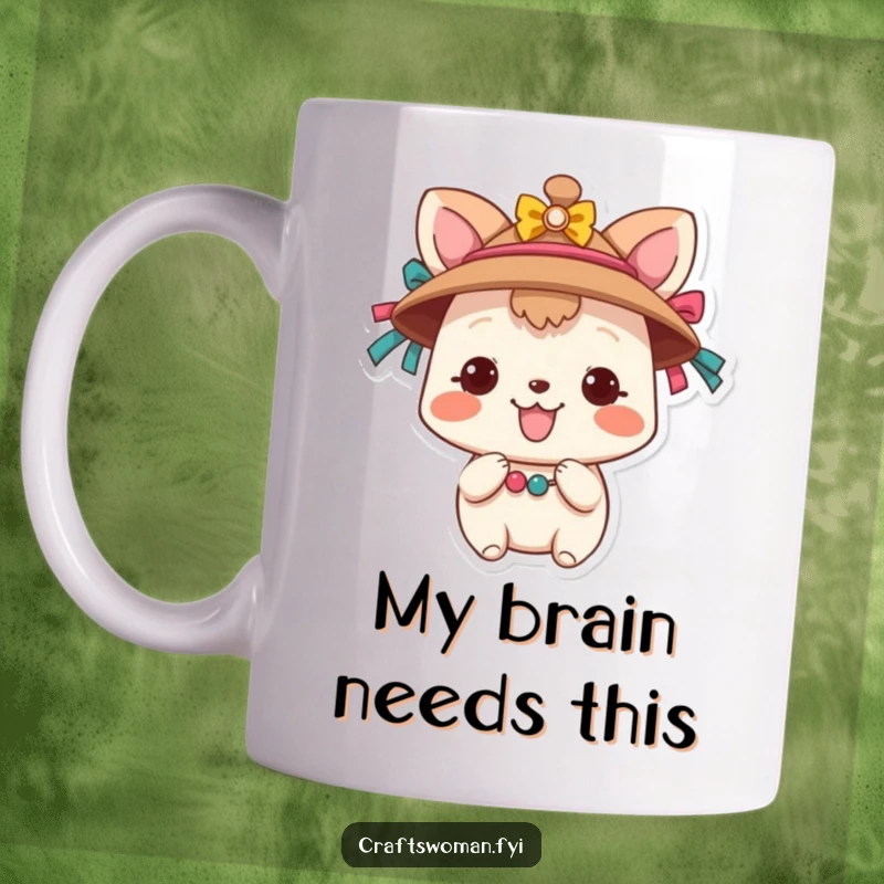 Funny Animal Decorating Hat Mug: A cheerful creature skillfully adds colorful ribbons and beads to a festive hat, bringing joy and creativity to the scene.