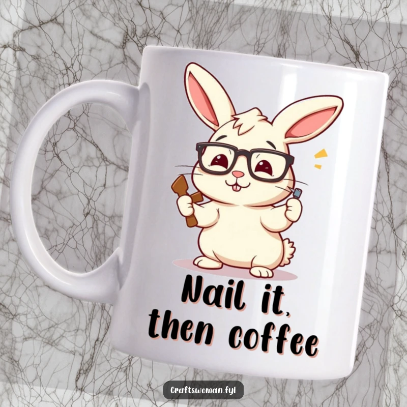 Funny Rabbit Mug with Askew Glasses Enthusiastically Hammering a Nail, a Hilarious DIY Scene for Coffee Lovers.