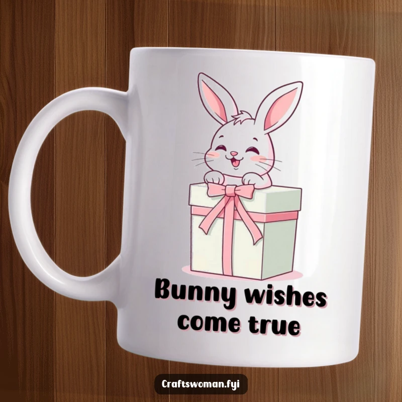 Funny Mug: A giggling bunny happily ties a ribbon around a beautifully wrapped gift box, spreading festive joy and excitement.