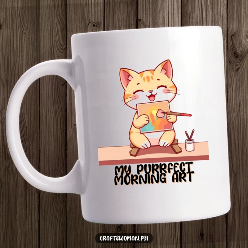 Funny Mug: A cheerful cat artist happily paints a colorful picture on a small canvas with a brush, full of artistic joy.