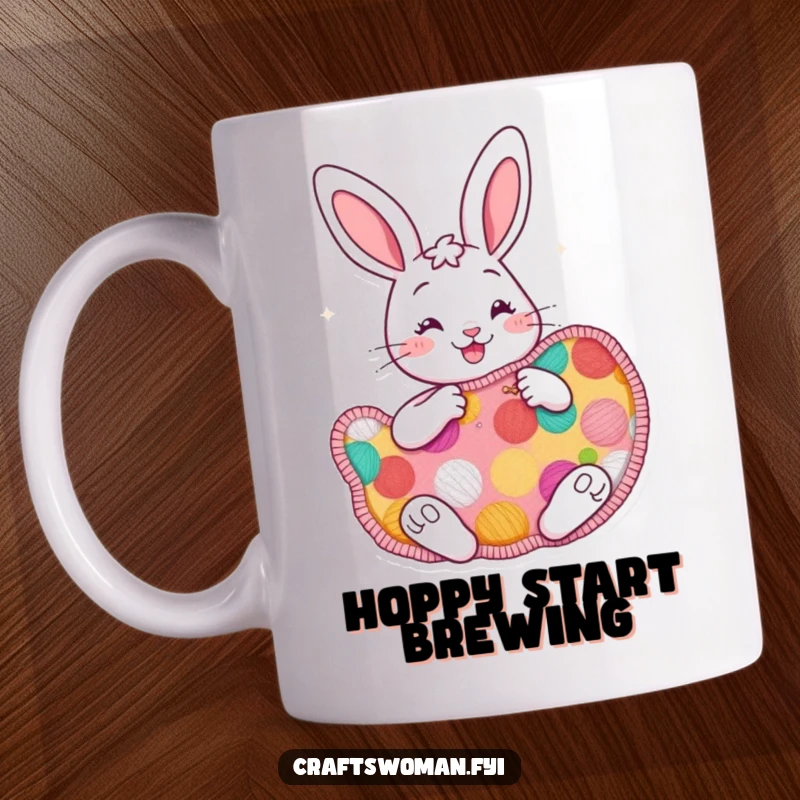Funny cheerful bunny mug featuring a bunny enthusiastically sewing a large, colorful patch, symbolizing creativity and joy.