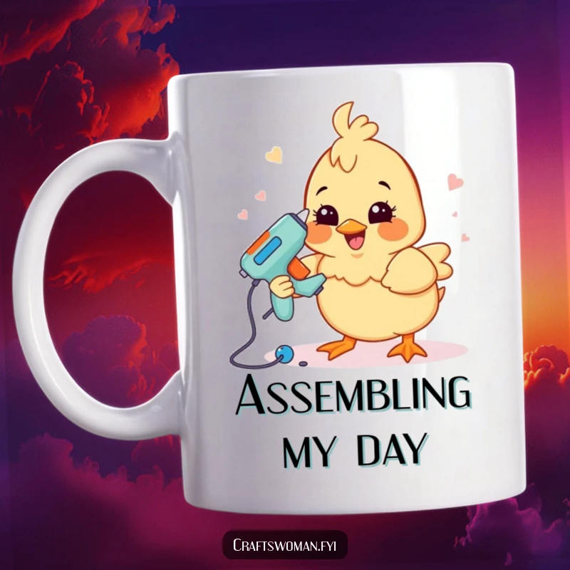 Funny crafting chick mug with a happy grin, using a glue gun to assemble a DIY project with enthusiasm.