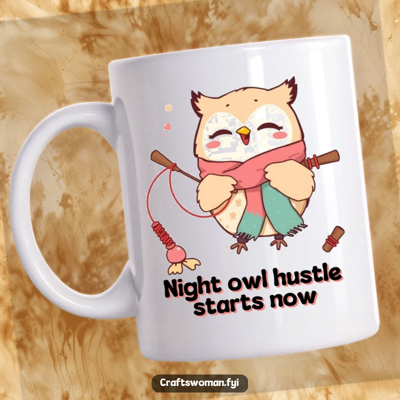 Funny mug with a cute owl character excitedly weaving a scarf with oversized knitting needles, showcasing a passion for crafts.