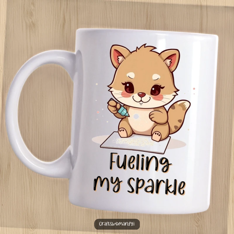 Funny Glitter Card Mug: A determined animal character carefully glues sparkling glitter onto a handmade card, showcasing dedication and artistic flair.