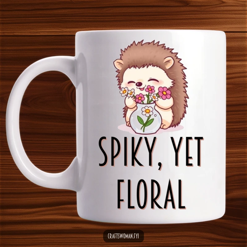 Funny giggling hedgehog delicately arranging flowers in a tiny vase on a mug, a charming and humorous gift.