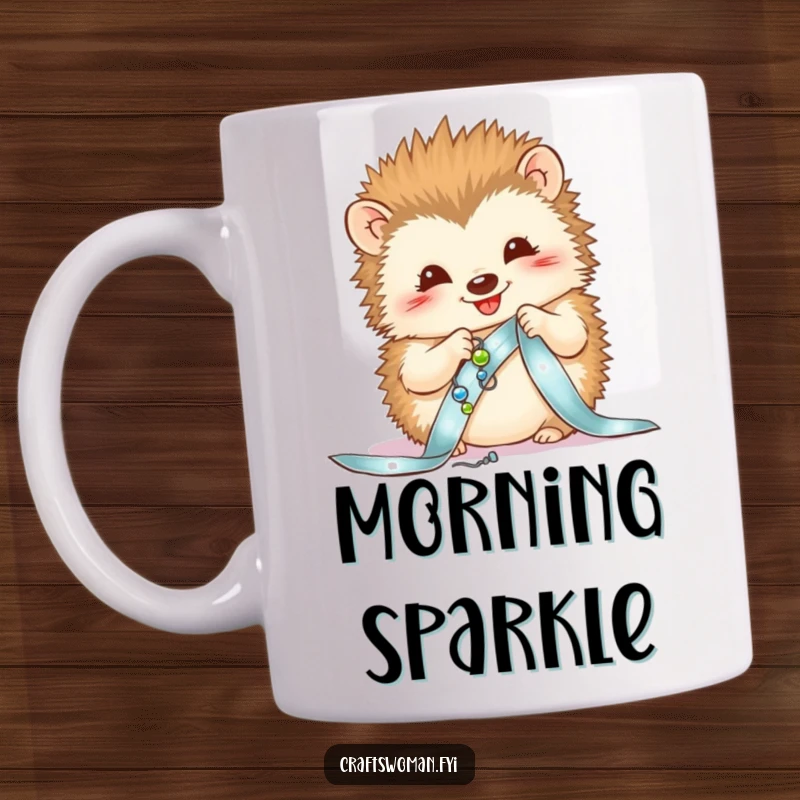 Funny mug featuring a happy hedgehog meticulously sewing colorful beads onto a shiny ribbon, showcasing fine detail.