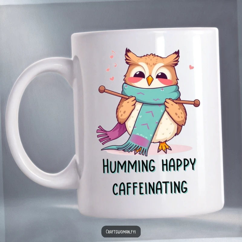 Funny knitting owl mug with a joyful expression, happily knitting a long, colorful scarf with large needles.