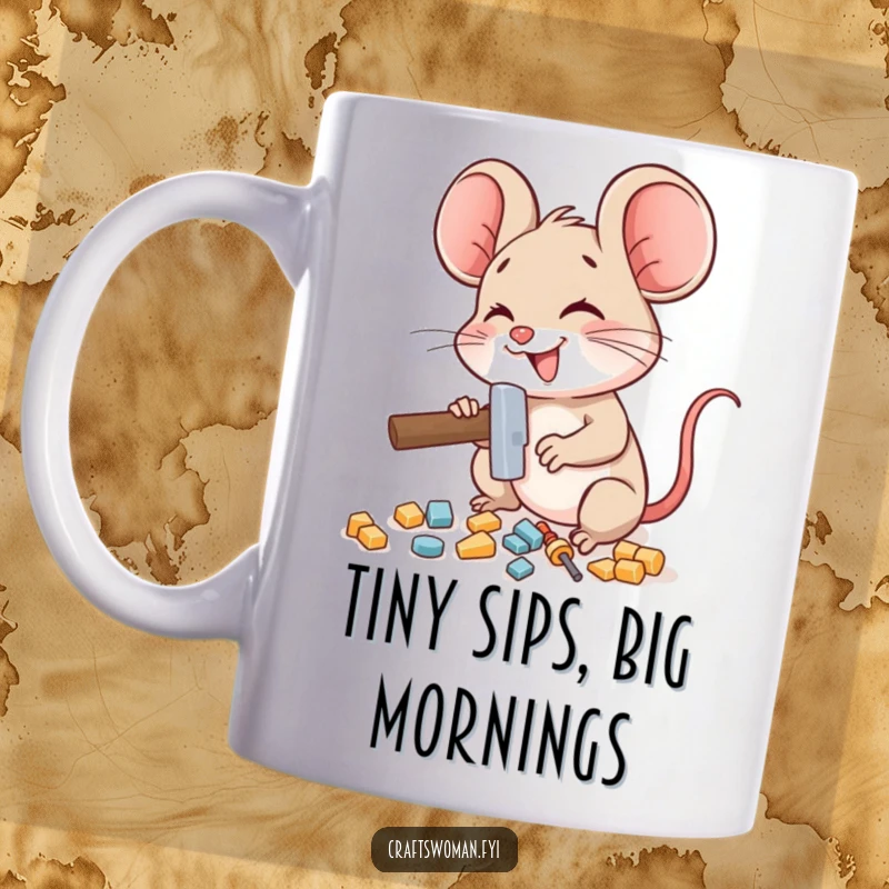 Funny mouse mug featuring a delighted mouse character using a miniature hammer to assemble small pieces, perfect for coffee lovers.