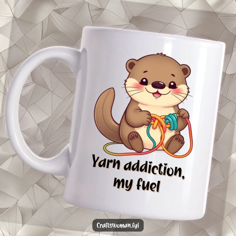 Funny otter mug joyfully knotting colorful yarn with a playful, smiling expression, ideal for crafters and animal enthusiasts.