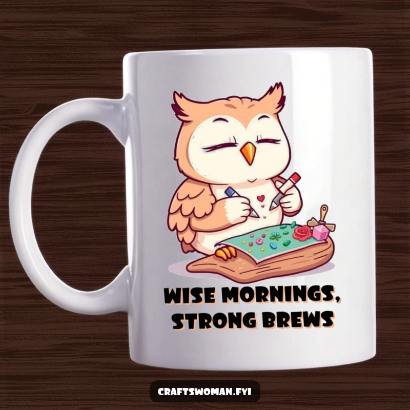 Funny owl mug featuring a content owl meticulously gluing decorative elements onto a craft project, perfect for coffee lovers.