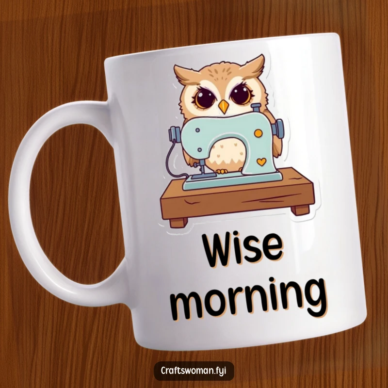 Funny mug featuring a curious owl expertly operating a tiny sewing machine with focus and skill.