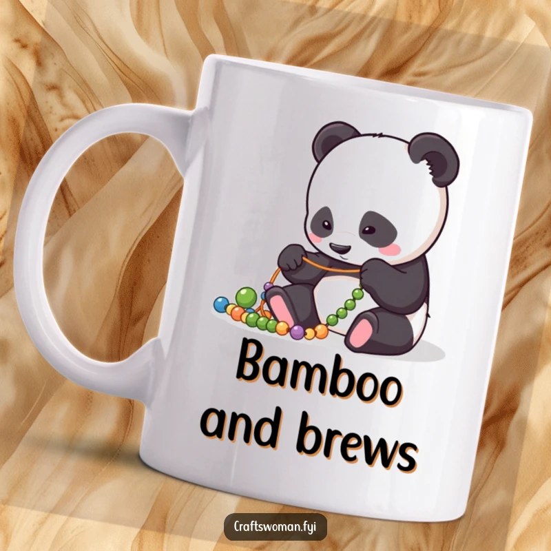 Funny Mug: Focused panda character carefully arranging colorful beads on a string with intense concentration.