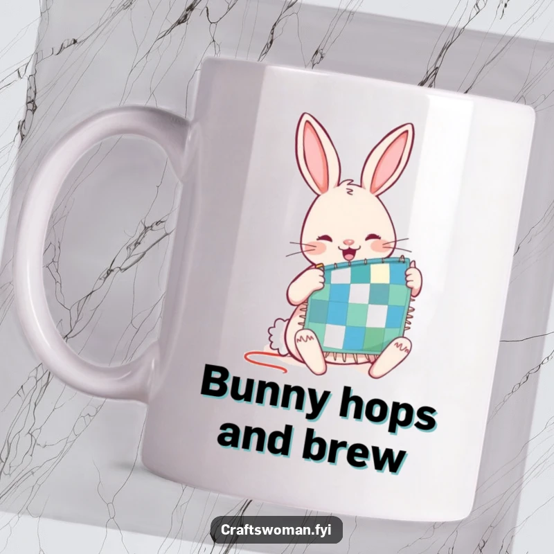 Funny mug with a joyful rabbit character diligently stitching a tiny patchwork quilt, celebrating the art of sewing.