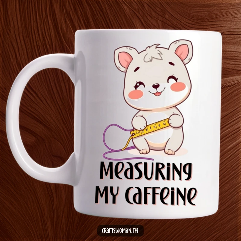 Funny mug featuring a happy animal character accurately measuring a length of colorful yarn with a measuring tape.