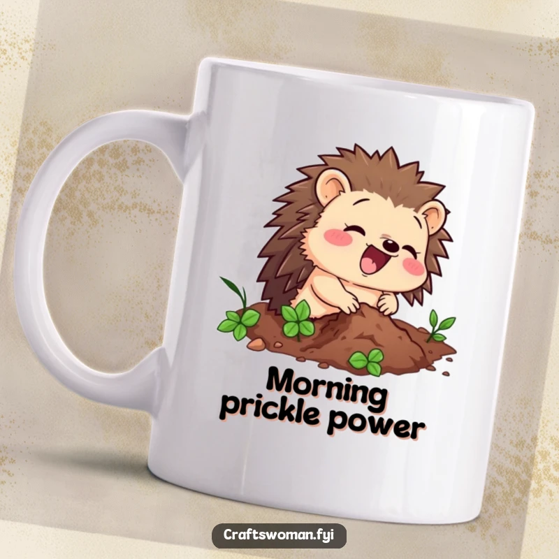 Funny mug featuring a delighted hedgehog character enthusiastically hammering a tiny nail, showcasing DIY spirit.