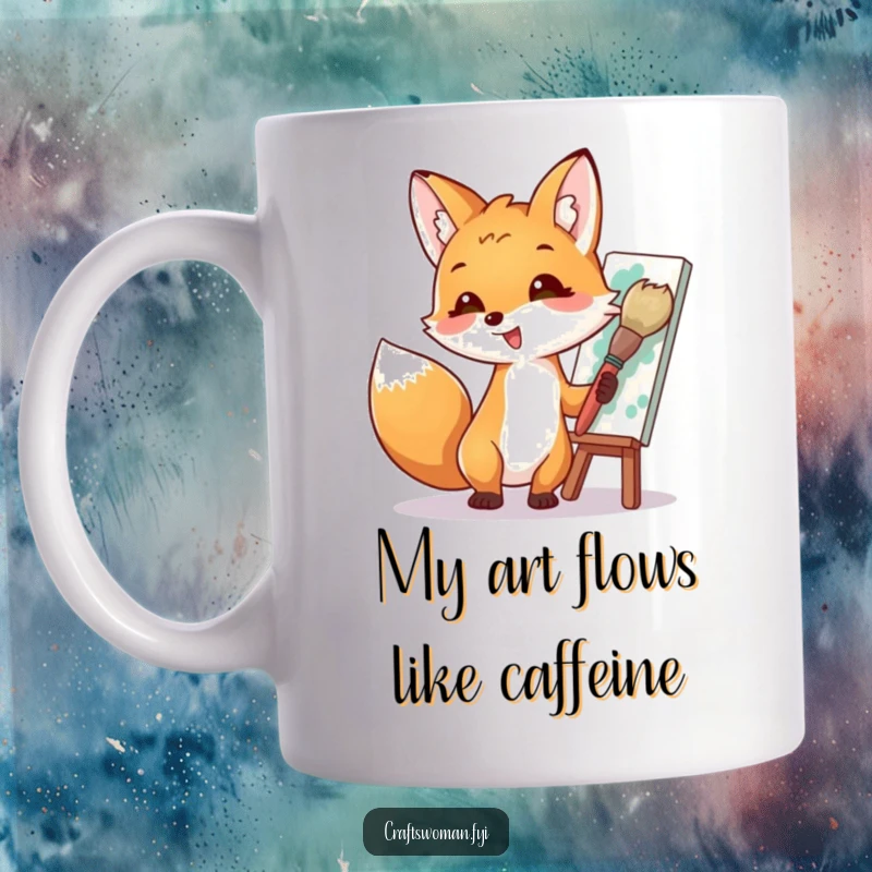 Funny mug featuring a joyful fox artist with a giant brush, enthusiastically painting a colorful masterpiece, celebrating creativity and humor.