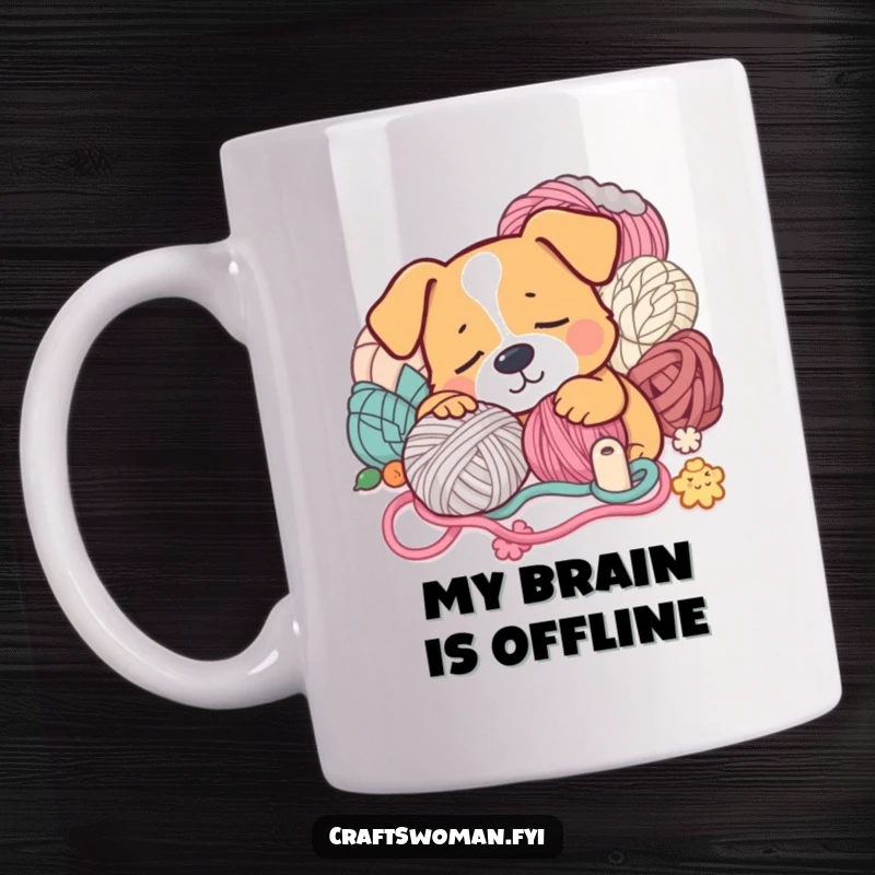 Funny Mug: Sleepy dog with yarn, dreaming of crafts, a perfect humorous gift for crafters.