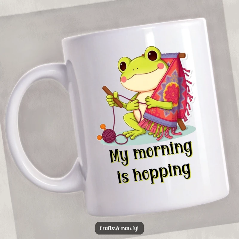 Funny Mug: Cheerful frog character happily stitching a vibrant, colorful tapestry with a playful expression.