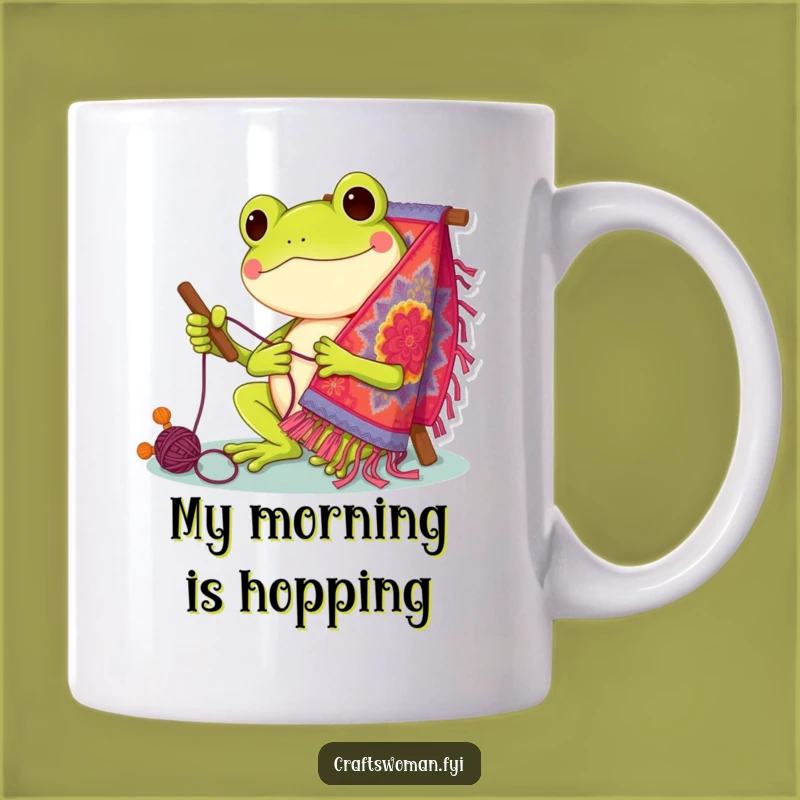 Funny Frog Stitcher Mug: Cheerful Character Making Vivid Tapestry - Perfect Gift