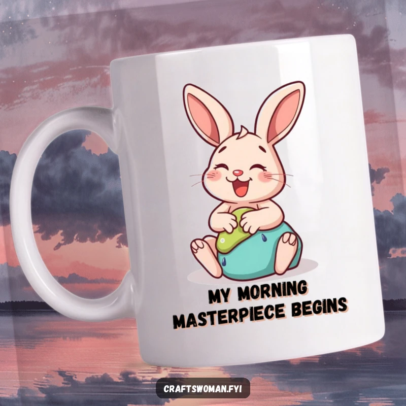 Funny rabbit mug featuring a cheerful bunny gleefully sculpting a whimsical clay shape, perfect for coffee lovers and art enthusiasts.