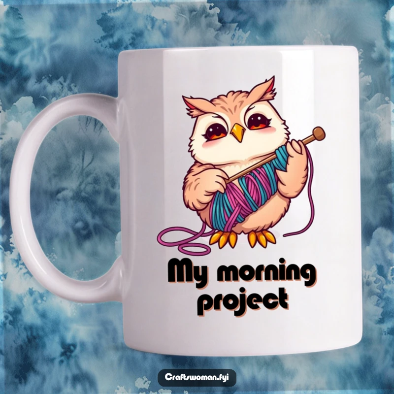 Funny Owl Mug showing a joyful owl expertly threading a large needle with colorful yarn, a perfect gift for crafters.